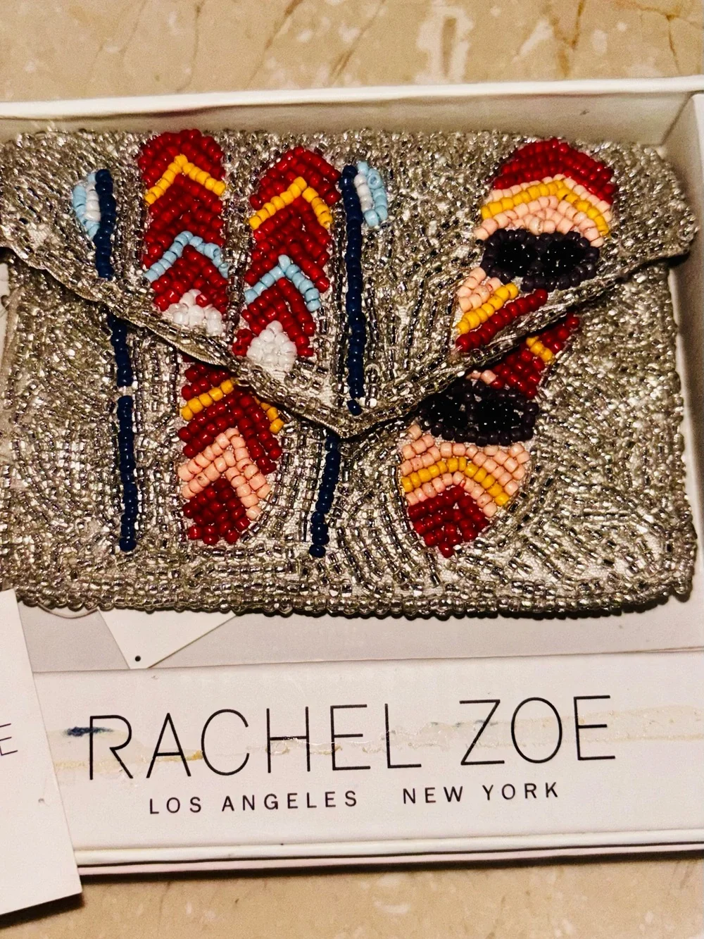 Rachel Zoe Ski Silver Beaded Card Case with Red, Yellow & Black Bead Charm NIB
